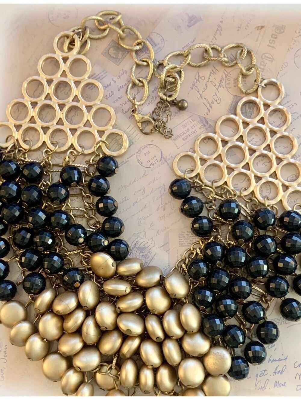 Vintage Black Crystal & Satin Gold Bead Cascading Bib Collar Necklace